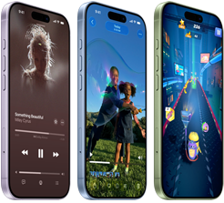 iPhone 17-enheter, forsiden utvendig, siden utvendig, viser Apple Music, strømming av video, spilling, knapper: handlingsknappen, volumknappen