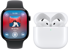 Apple Watch Series 11 med urkasse av naturlig titan, Sport Band i steingrå, Musikk-appen er åpen og AirPods 4 er sammenkoblet