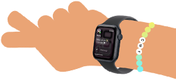 Tegneserie-illustrasjon av håndleddet til et barn med Apple Watch SE 3 med Meldinger-appen åpen på skjermen