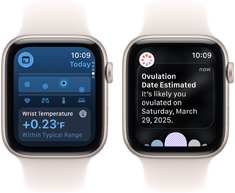 To Apple Watch SE 3-enheter med urkasser av aluminium i stjerneskinn, som viser Vitale tegn-appen på skjermene