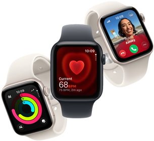 Tre Apple Watch SE 3-enheter svever ved siden av hverandre