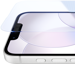 En iPhone 17e i fargen hvit vises forfra og fra siden. Skjermen er beskyttet med Ceramic Shield, og på siden vises handlingsknappen og volumknappene.