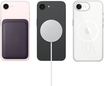 Lommebok av finvev i midnattslilla festet til en iPhone 17e i fargen myk rosa, en iPhone 17e i fargen svart med en MagSafe-lader, og et klart deksel med MagSafe festet til en iPhone 17e i fargen hvit