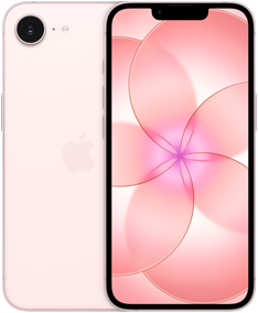 På baksiden av en iPhone 17e i fargen myk rosa vises et Fusion-kamera oppe i venstre hjørne. Forsiden på en iPhone 17e viser helskjermdesignen.