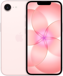 På baksiden av en iPhone 17e i fargen myk rosa vises et Fusion-kamera oppe i venstre hjørne. Forsiden på en iPhone 17e viser helskjermdesignen.