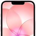 Forsiden på en iPhone 17e i fargen myk rosa er delvis synlig. Skjermen er beskyttet med Ceramic Shield 2 og viser bildet av en rosa blomst