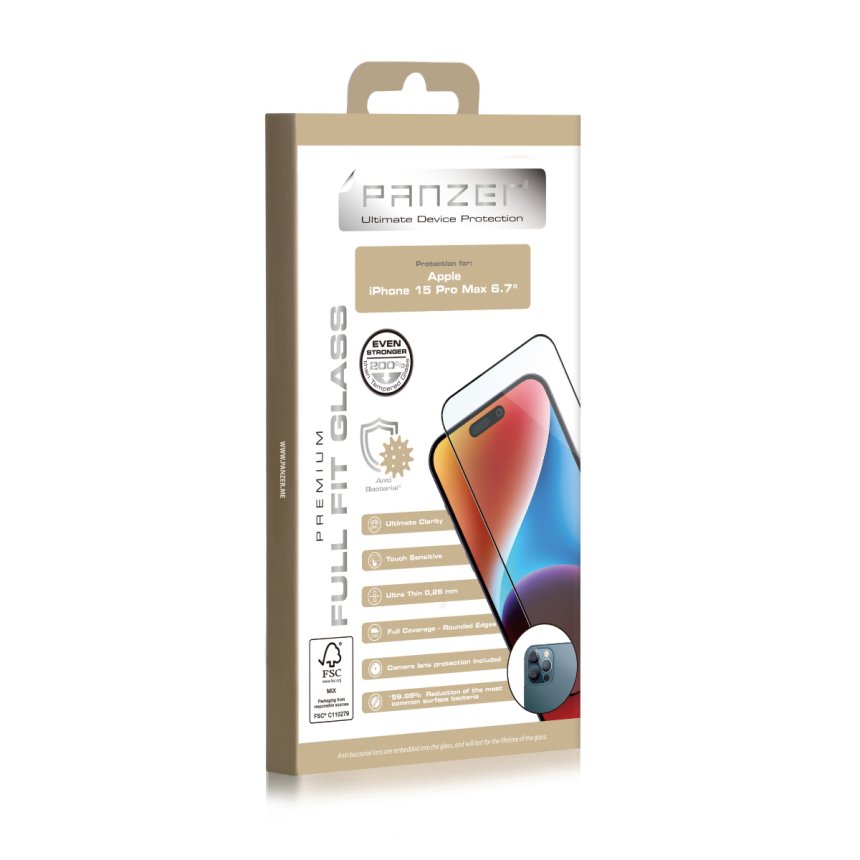 Panzer Full-Fit Silikatglass skjermbeskytter iPhone 15 Pro Max