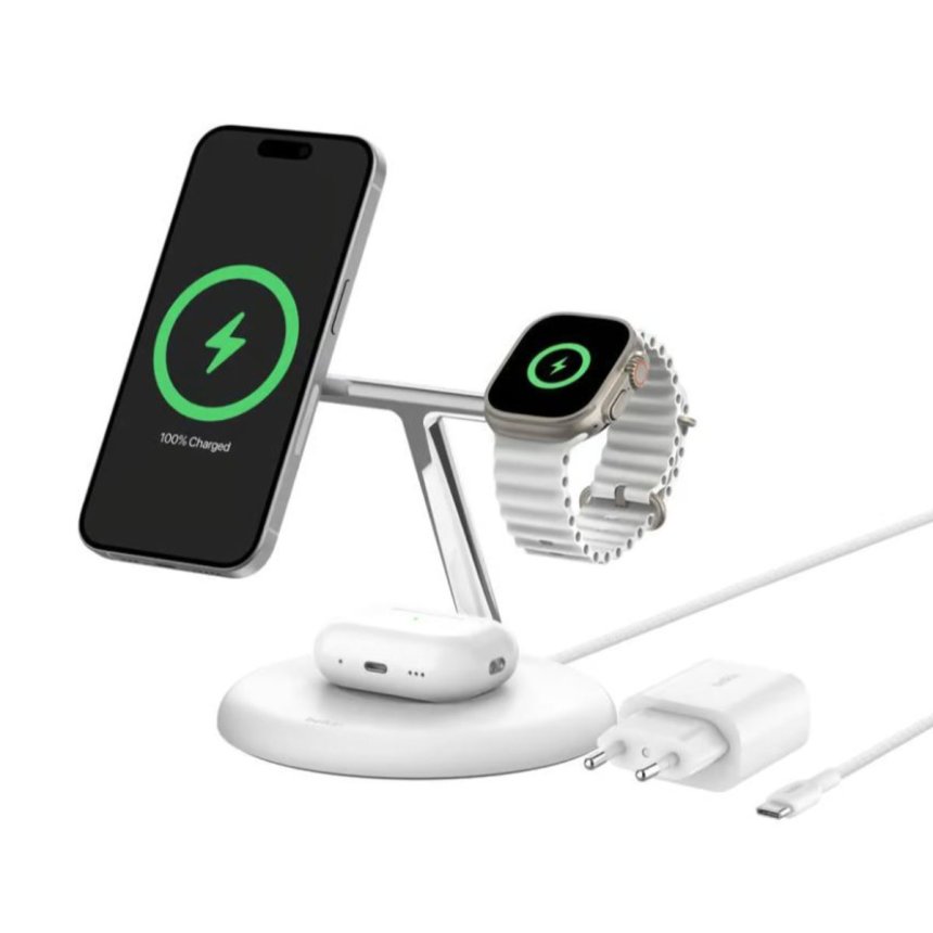 Belkin 3-i-1 Qi2 15w Trådløs ladestasjon Hvit