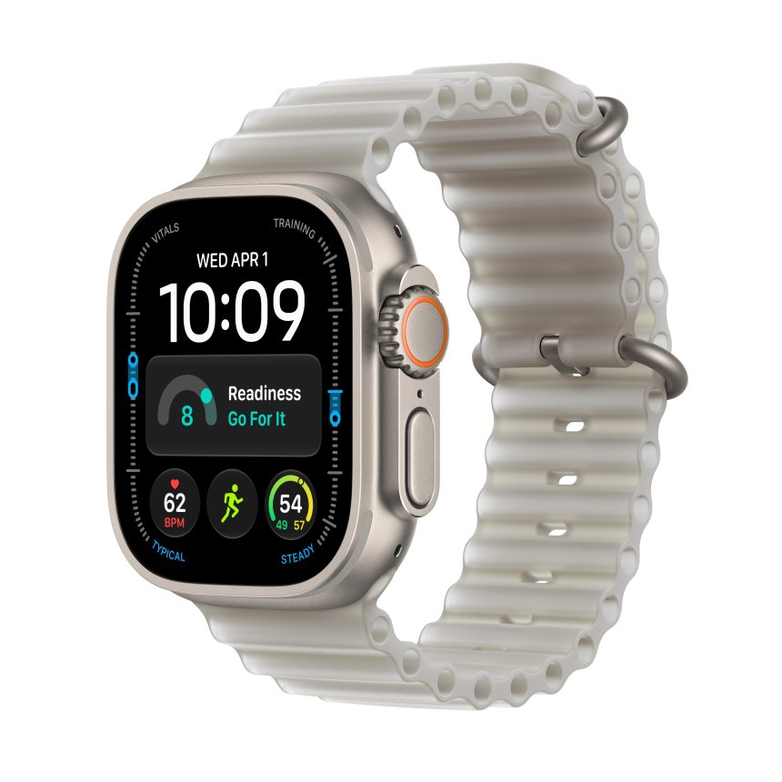 Apple Watch Ultra 4, 49mm Titanium Natur med Gjennomsiktig grå Ocean Band – Én størrelse