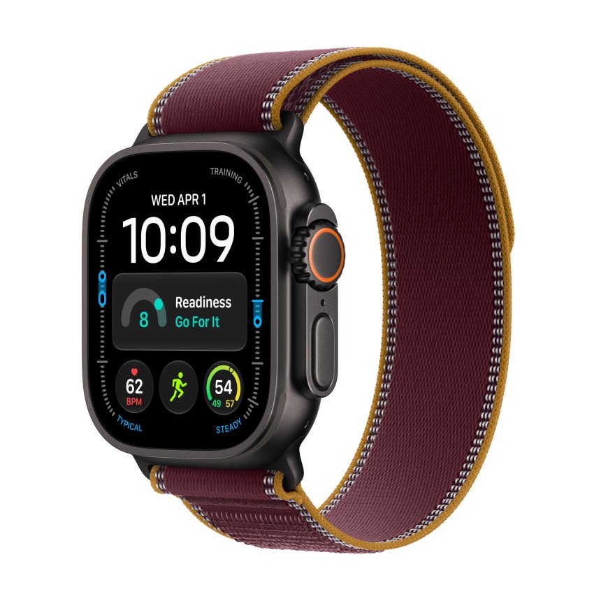 Apple Watch Ultra 4, 49mm Titanium Svart med Burgunderrød Trail Loop – S/M